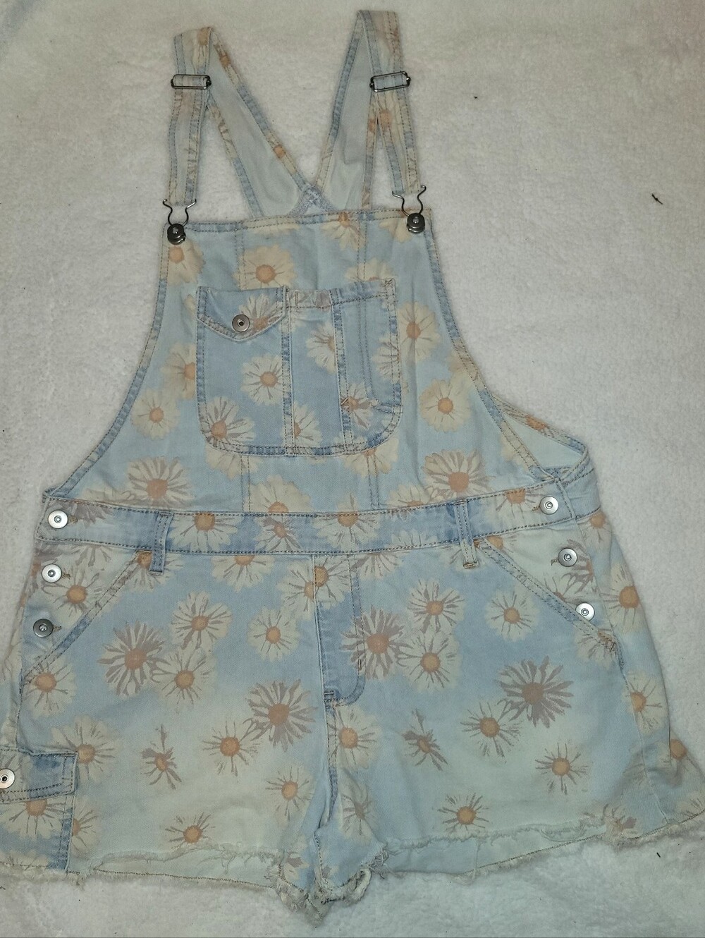 Y2K Daisy Print Denim Short Overalls Womens XL 15/17 Distressed Floral Festival